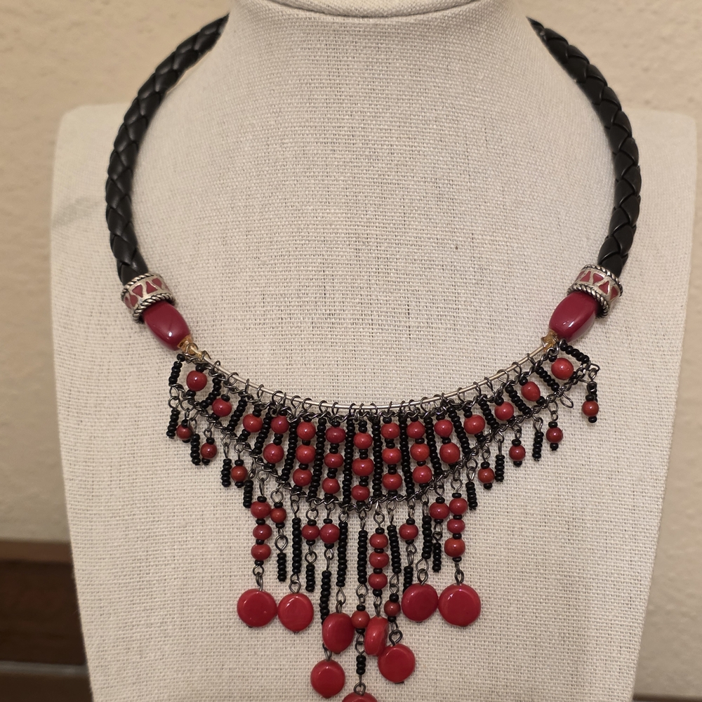 Chico's Black and Red Beaded Statement Necklace